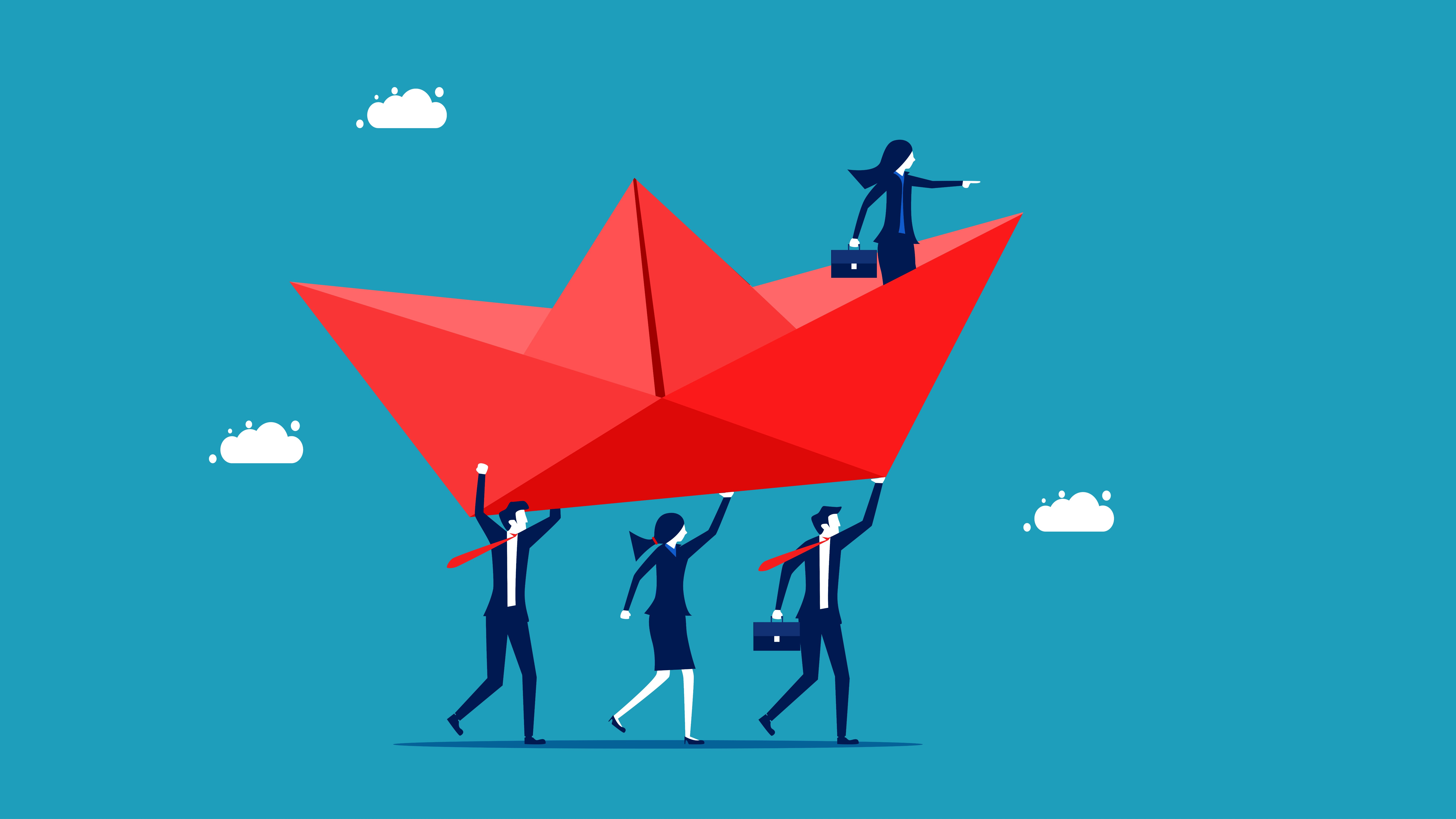 A team carrying a paper boat forward together, representing Kadendoc's mission