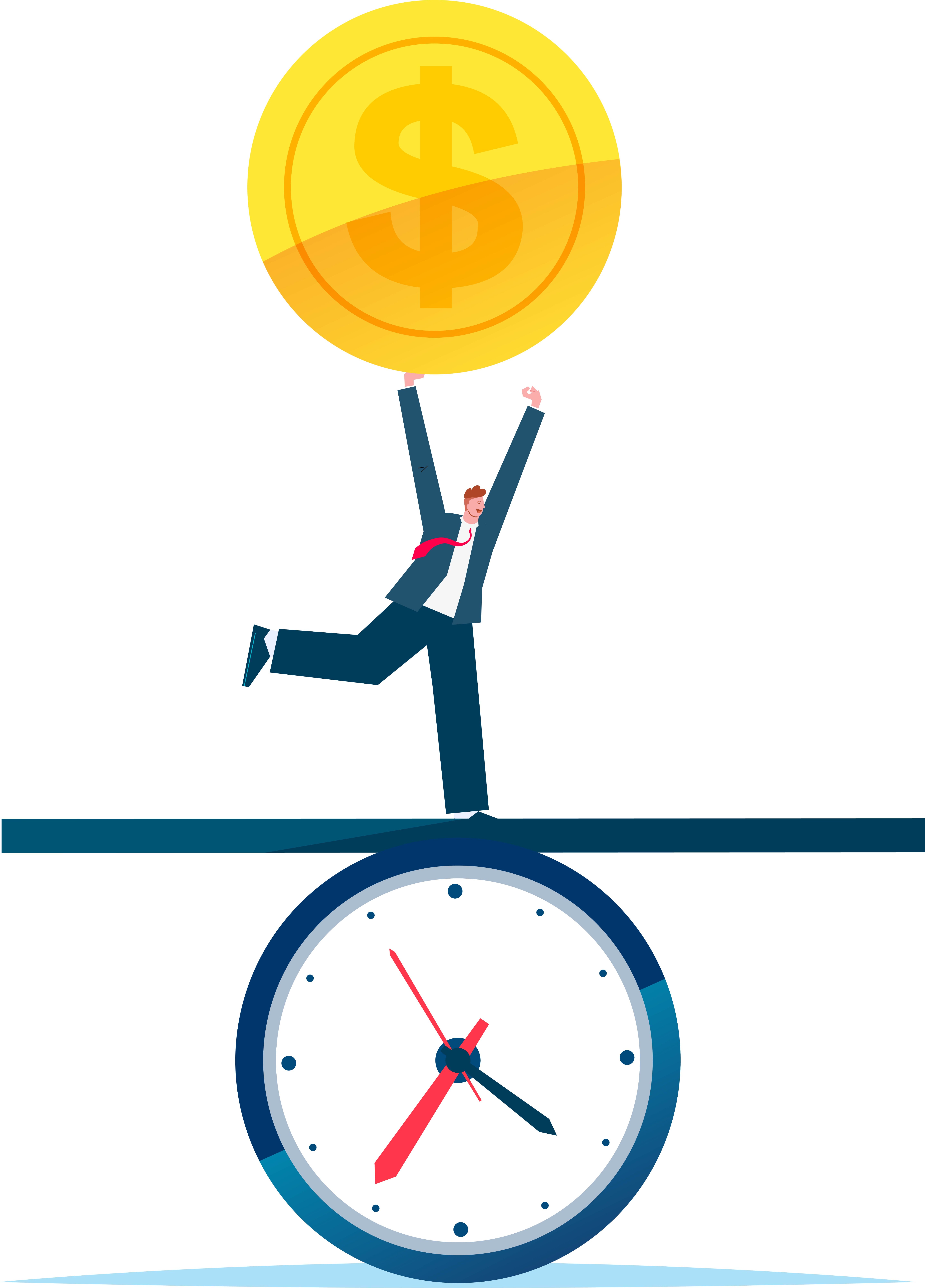 Illustration of a man balancing a coin and a clock, representing time and money